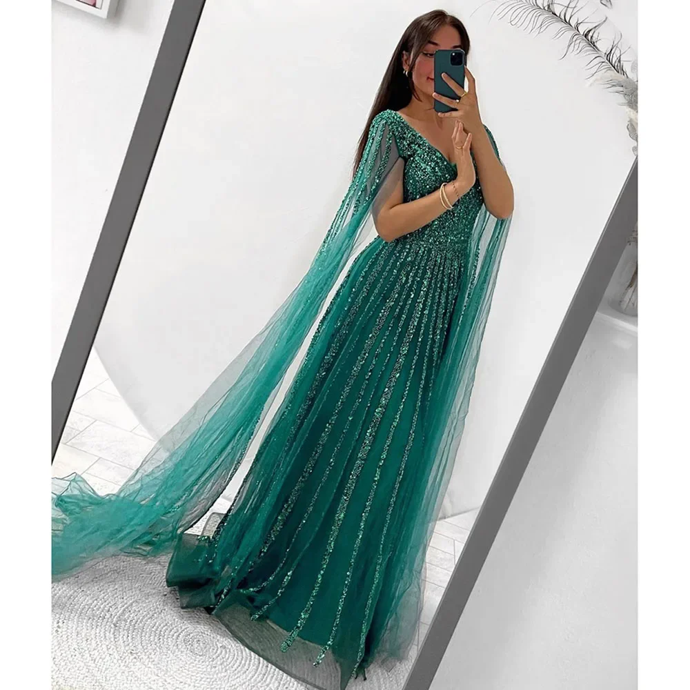 Elegant Green Beaded Sequined Evening Dress for Women 2024 Luxury Cape Sleeves V Neck Long Formal Prom Wedding Party Gowns 2024