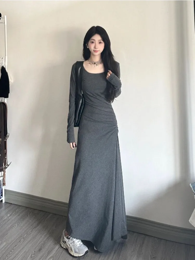 

Gray Maxi Dress Women Elegant Pure Korean Style Soft Tunic A-line Autumn Chic Shirring Harajuku Fashion Steetwear Sexy Vestidos