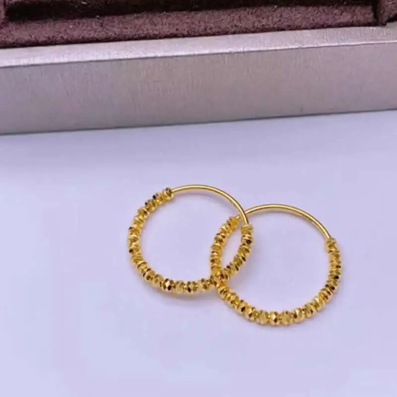 Solid 24K Yellow Gold Earrings Women 999 Gold Beads Hoop Earrings