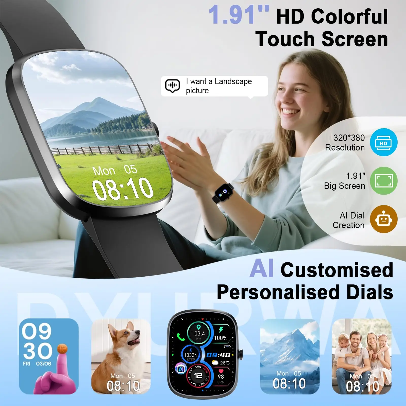

2026 AI Smart Watch Men Women ChatGPT Voice Assistant 1.91" HD Curved Display Bluetooth Call AI Health Analysis Heart Rate SpO2 Sleep 110 Sports 5 Day Battery 20 Day Standby Fitness Tracker.