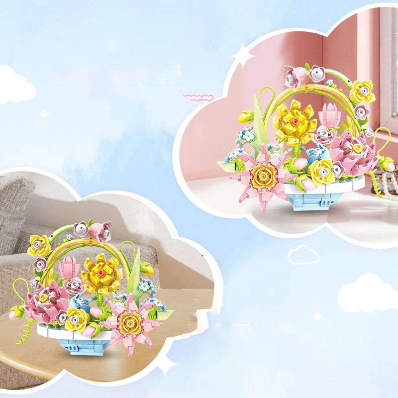   꽃바구니 블록 세트 영원한 꽃다발 DIY 조립 블록 장난감 홈 데코 선물 소녀용