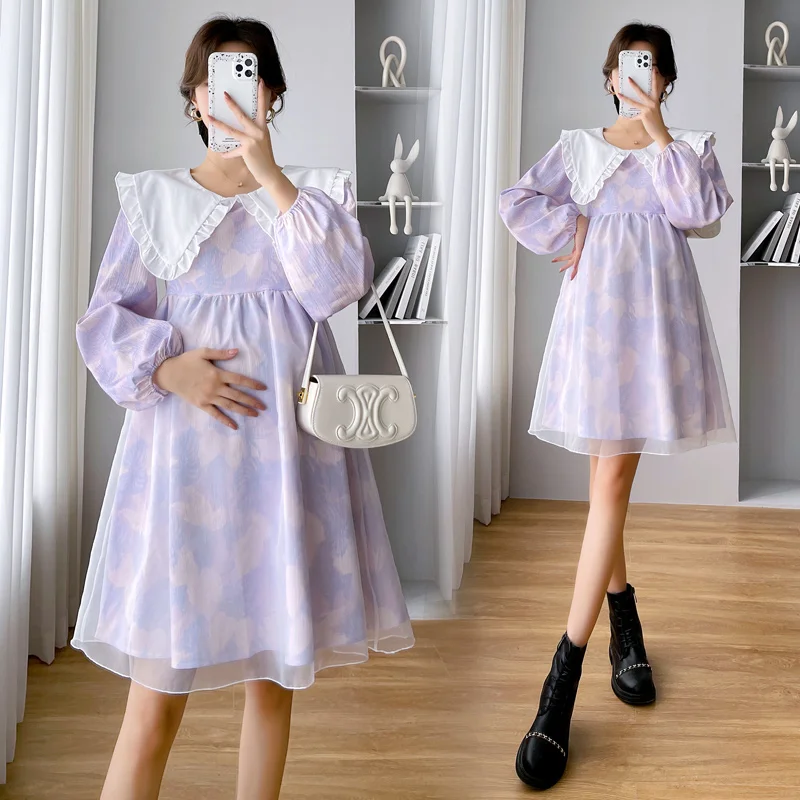 Autumn Plus Size Women\'s Floral Dress Sweet Peter Pan Collar Long Lantern Sleeve Maternity Purple Dress Pregnancy A-line Dresses