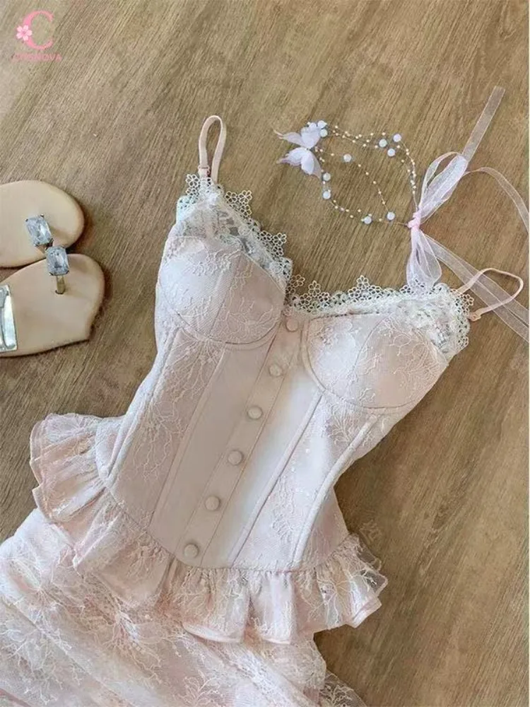 

Summer New Sweet Coquette Sexy Spaghetti Strap Top High Waist Mini Skirt 2 Piece Set Women Casual Hot Girl Outfits Korean Chic