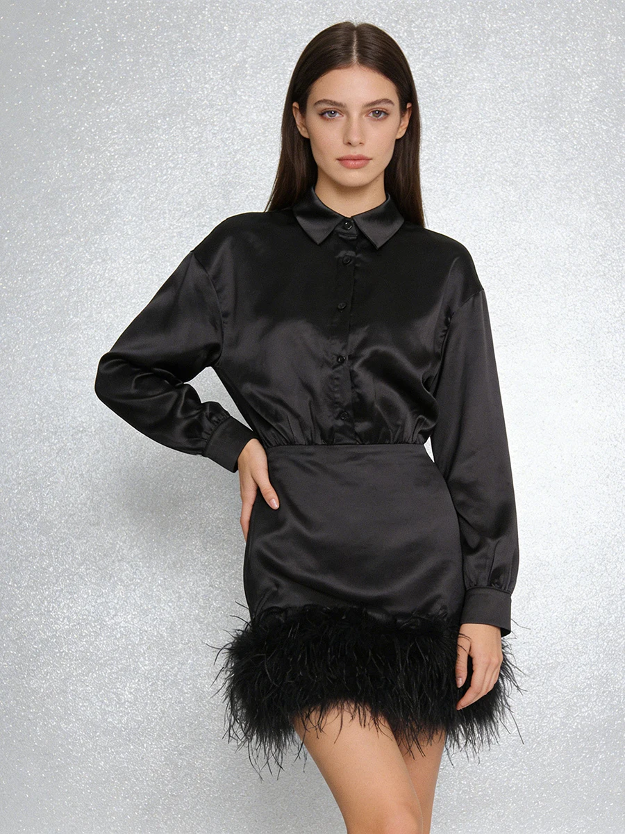 TWOTWINSTYLE Sexy Vintage Cocktails Black Satin Mini Dress for Women Lapel Slimming Design Feather Hem for Stylish Gala Parties