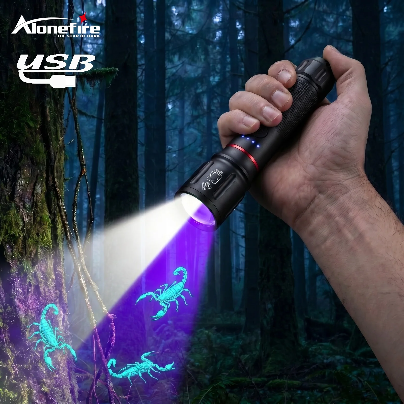 

Alonefire Zoom 2-in-1 LED High Power UV+flashlight Lighting Rechargeable Torch Outdoor Camping Hiking Hunting UV Detection Lamp