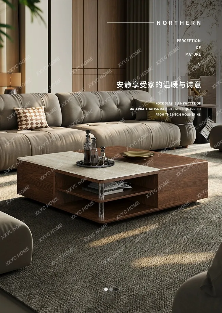 AAMedieval Style Solid Wood Cave Stone Pattern Tea Table Apartment Combination Function Household Coffee Table TV Cabinet Group