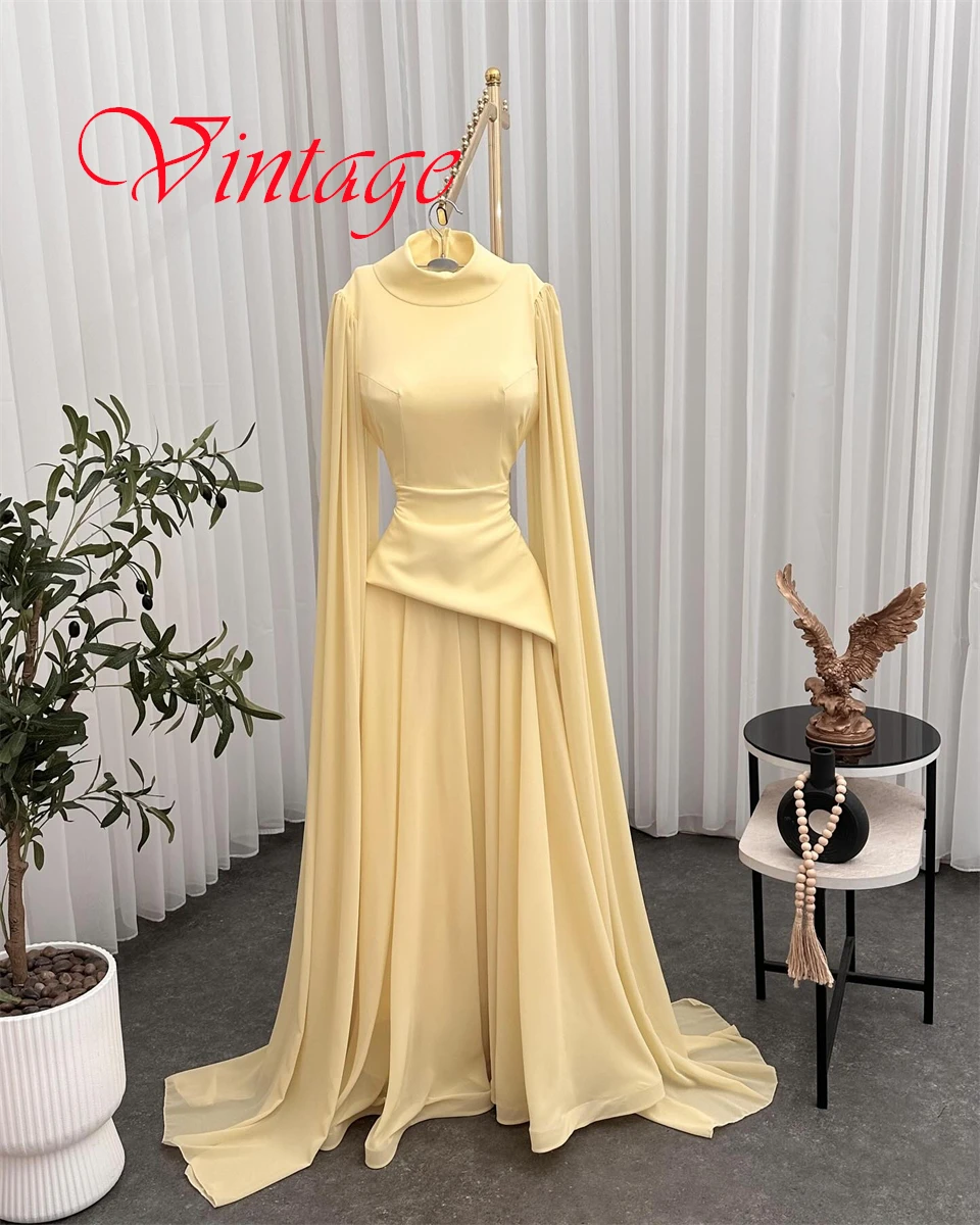 ที่กําหนดเองอารมณ์สีเหลืองชีฟองชุดราตรีประณีตคอสูงริบบิ้นแขนกุดซิปด้านหลังชุดพิเศษ