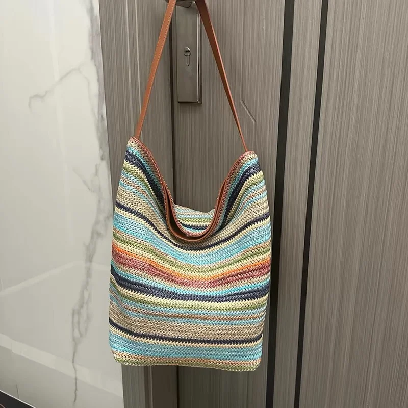 

Стильная сумка-ведро в радужную полоску, повседневная вместительная сумка через плечо с магнитной застежкой, сумка с цветовыми блоками, пляжная сумка для отпуска