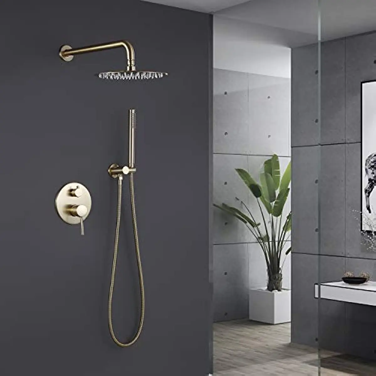 Concealed Wall Mounted Round Rain Shower Mixer Set 10 Inch Rain Shower Head with Handheld Spray Brushed Gold Shower Faucet Set