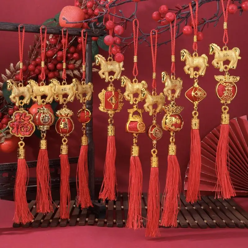 Świąteczny Znak Zodiaku 2026 Rok Końskiej Latarni Zawieszka Chiński Nowy Rok Czerwono-Złota Szczęśliwa Dekoracja Zawieszka Samochodowa Akcesoria Prezenty
