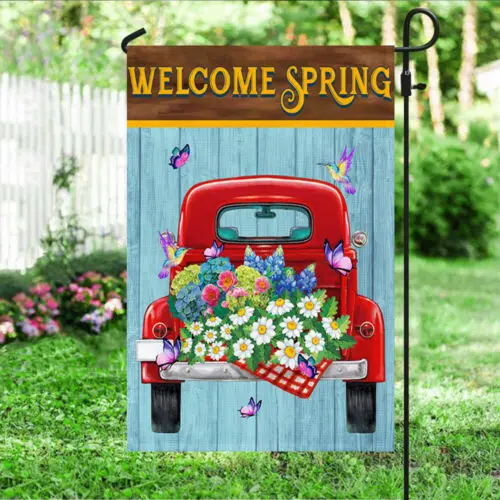 Welcome Spring, Red Truck Wild Flower Spring Flag Garden Flag - House Flag