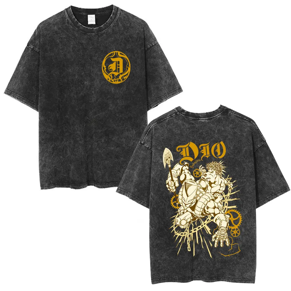 Anime Jojo Bizarre Adventure Dio Brando Vintage Acid Washed T-Shirts Herren Damen Baumwolle Casual Kurzarm T-Shirts Streetwear