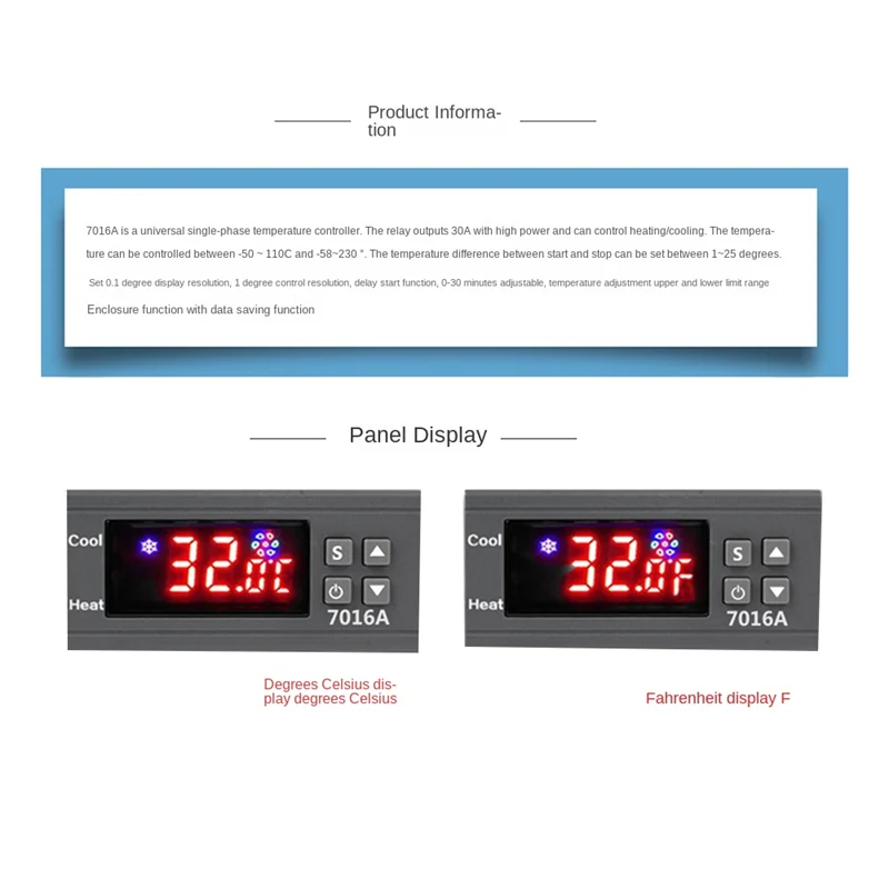 Controlador de Temperatura Digital com Alta Potência, Termostato, Aquecimento, Arrefecimento, Sensor NTC, Controle de Temp, 220V, 30A, 7016A