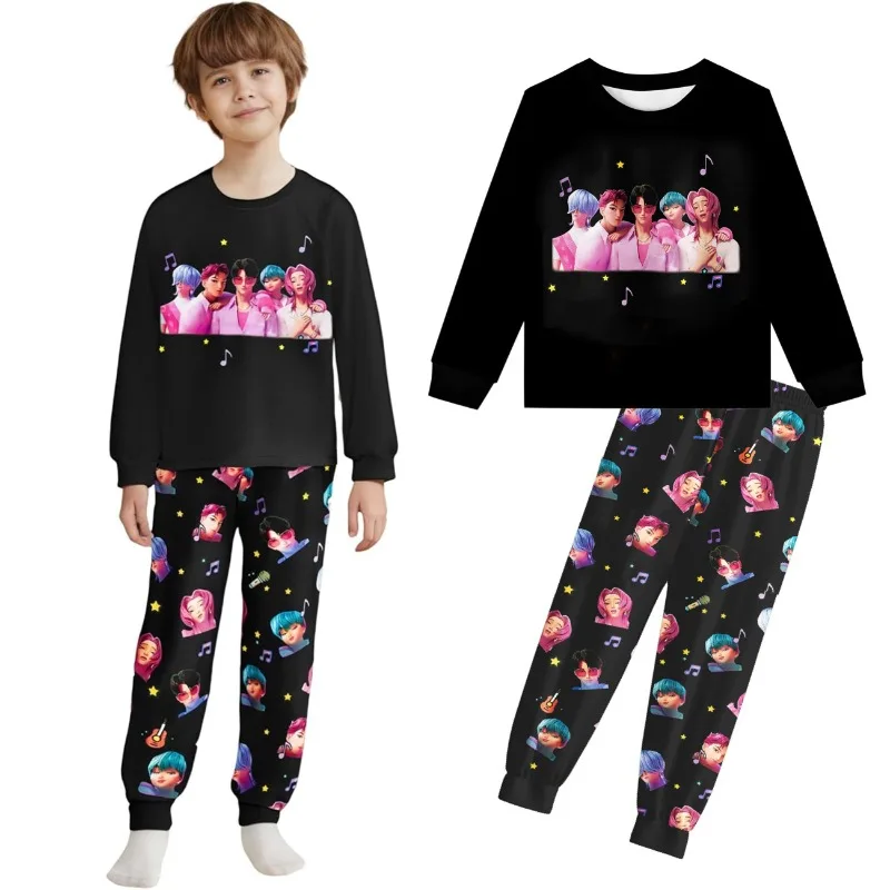 

K-Pops Demons Hunters Saja Boys Kids Cartoon Set Long Sleeve 2pcs Home Sleepwear Pants Anime Cartoon Pajamas Boys Girls Gift