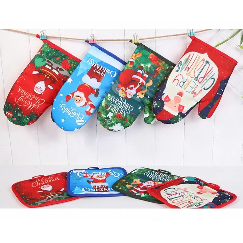 2pcs/set Christmas Baking Anti-Hot Gloves Pad Oven Dining BBQ Kitchen Mat New Year Natal Xmas Party Decoration Supplies