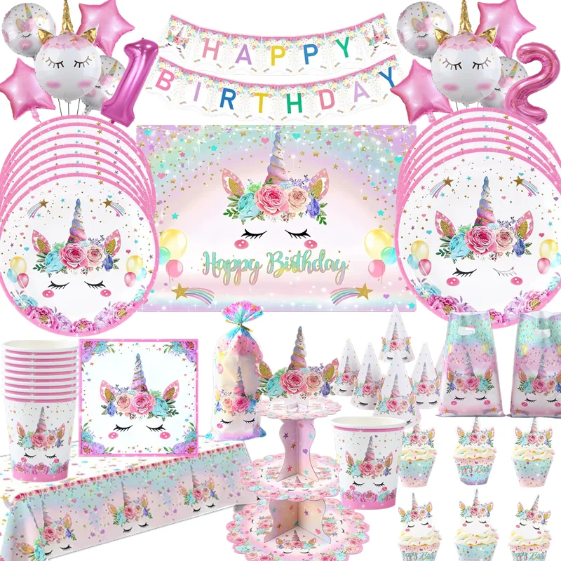 Unicorn Party Supplies 1st Kids Birthday Party Decorations Unicorn Theme Paper Cups Plates Balloon Cake Toppers Baby Shower Girl