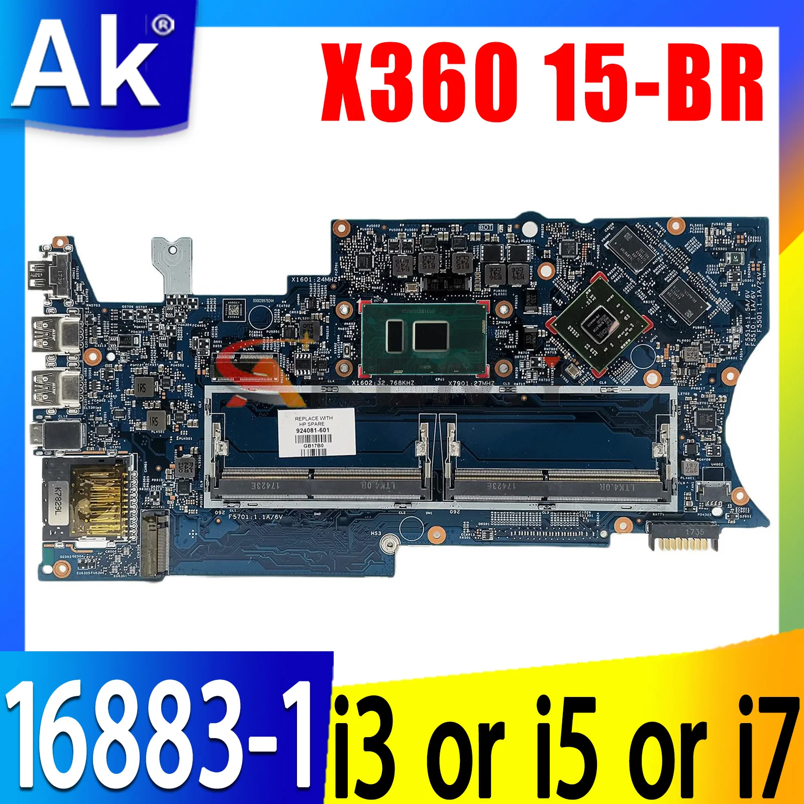 

For HP Pavilion X360 15-BR 16883-1 Laptop Motherboard 924081-601 216-0864032 DDR4 Mainboard i3 i5 i7 7th Gen CPU 530 2GB