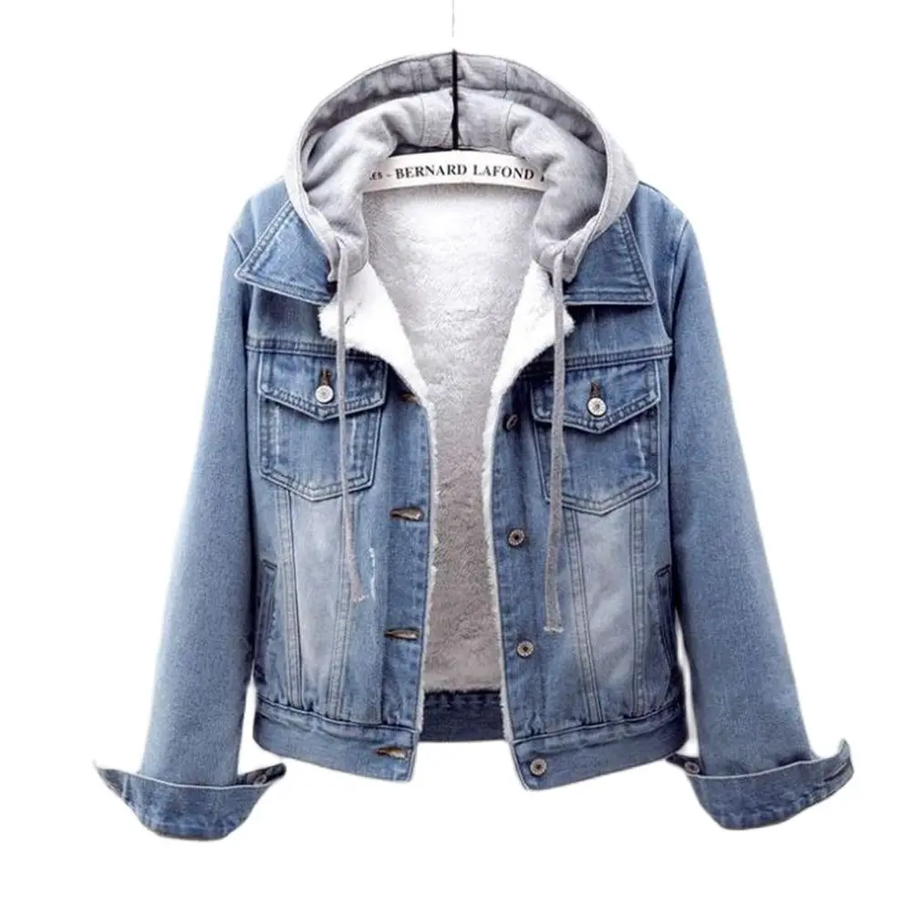 Coat Female Jeans Denim Ladies Top Bomber Outerwear Gray Cardigan Cowboy Hoody Warm Winter Jacket Women Autumn Removable Hooded