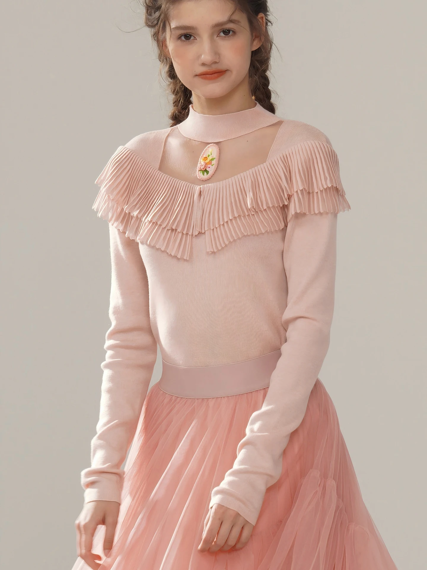 

Hand Embroidered Victorian Accordion Pleat Soft Knitted Base Layer Top Women's Faion French Sle Long Sve round Ne