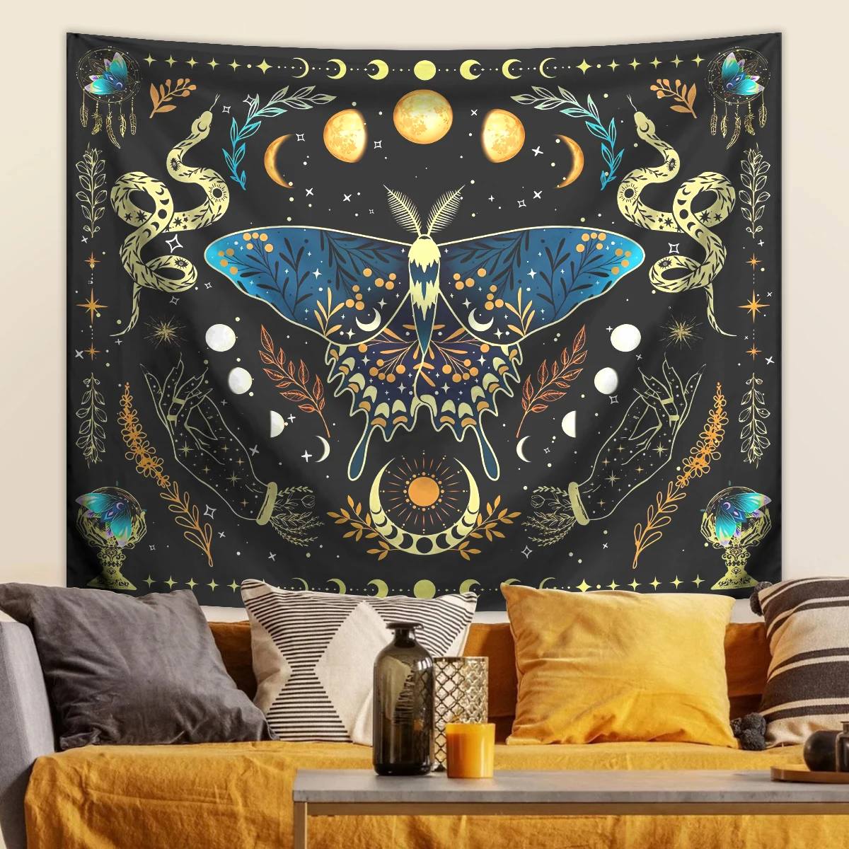 1pc Butterfly Moon Tapestry, Bohemian Plant Tapestry, Aesthetic Moth Snake Tapestry, Retro Plant Starry Sky Tapestry