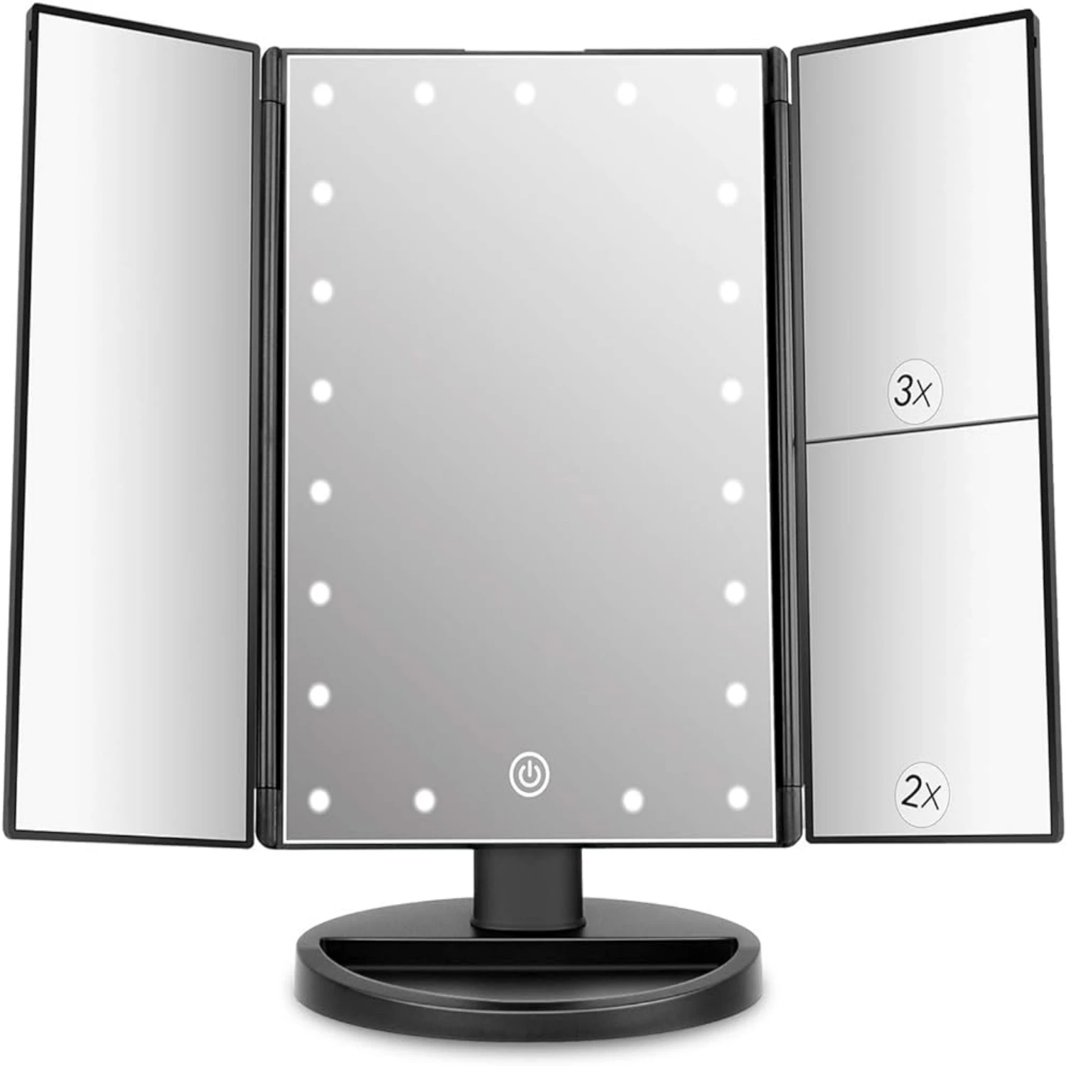 Portable Tri-Fold Vanity Mirror with Touch Screen, 21 LED Lights, 3X/2X/1X Magnification – Compact Travel-Friendly Makeup Mirr