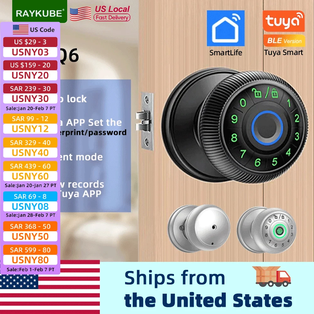 

RAYKUBE Q6 Tuya BLE Smart Fingerprint Door Lock Electronic Lock with Password/Key/Smartlife/Tuya APP Unlock For Bedroom From USA