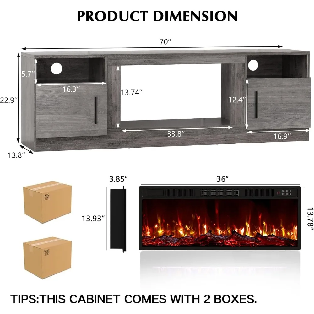 حامل تلفزيون ليمبري مدفأة مع مدفأة 36 بوصة حتى 80 تلفزيونًا، ومركز ترفيه وتخزين بإضاءة LED، و70 وسائط خشبية حديثة #2