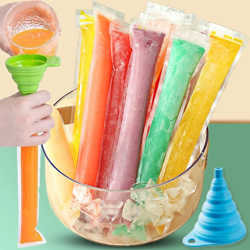 Disposable Ice Popsicle Bag Ice Pop Mold Bags Ice Cream Sticks Freezer Tubes with Silicone Funnel for Fruit Yogurt Smoothies Bag