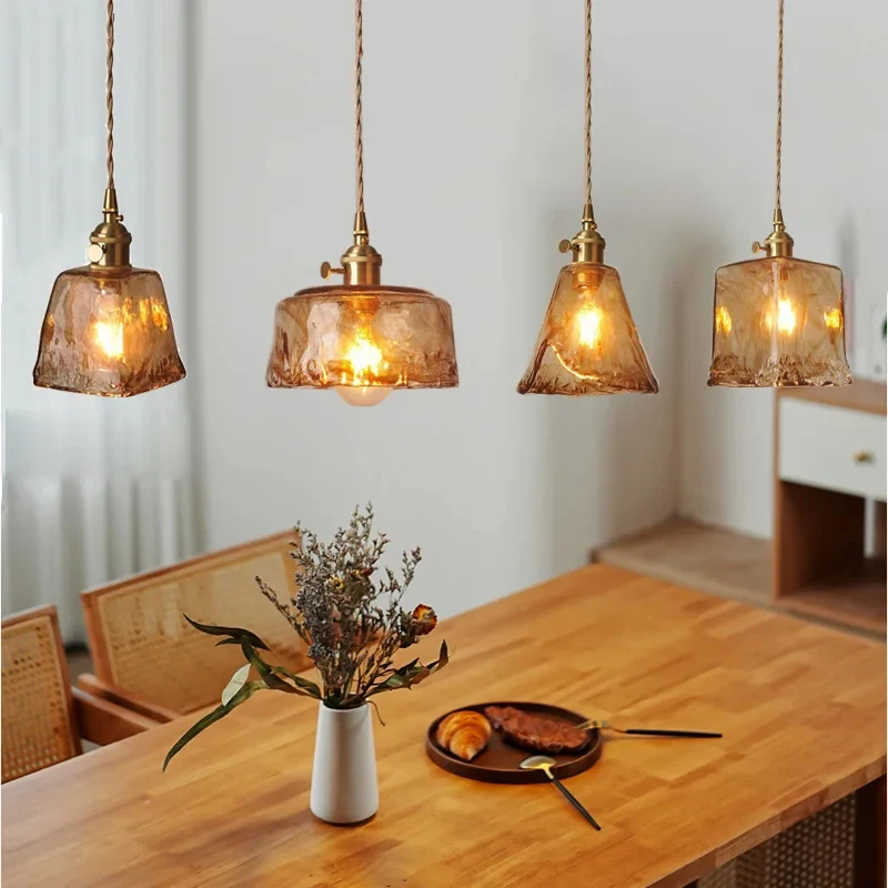 Japanese Brass Glass Pendant Light LED Dining Table Chandelier Retro Brown Single Head Hanging Lights E27 Bedroom Bedside Lamps