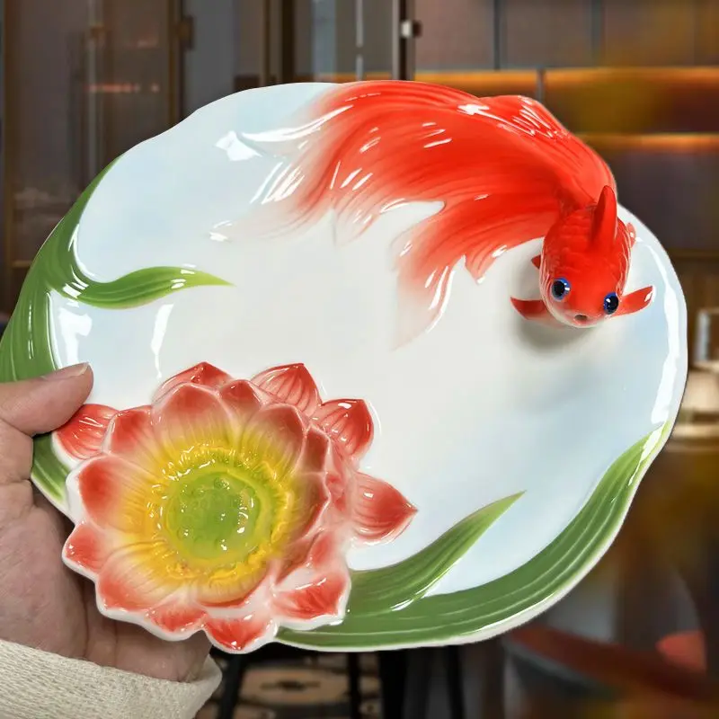 New Ceramic Dumpling Plate Household with Vinegar Plate Enamel Color Goldfish Plate Fruit Holder Ceramic Dishes