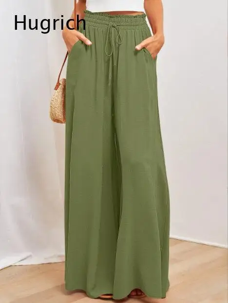 Women Ruffle Elastic Waist Drawstring Wide Leg Pants Loose Pocket Lightweight Beach Vacation Trousers