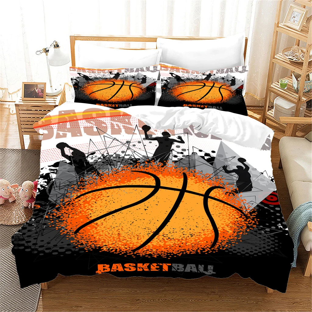 Driedelige set basketbalsportpatronen, polyester geborstelde hoogwaardige lakens, dekbedovertrekken, beddengoed