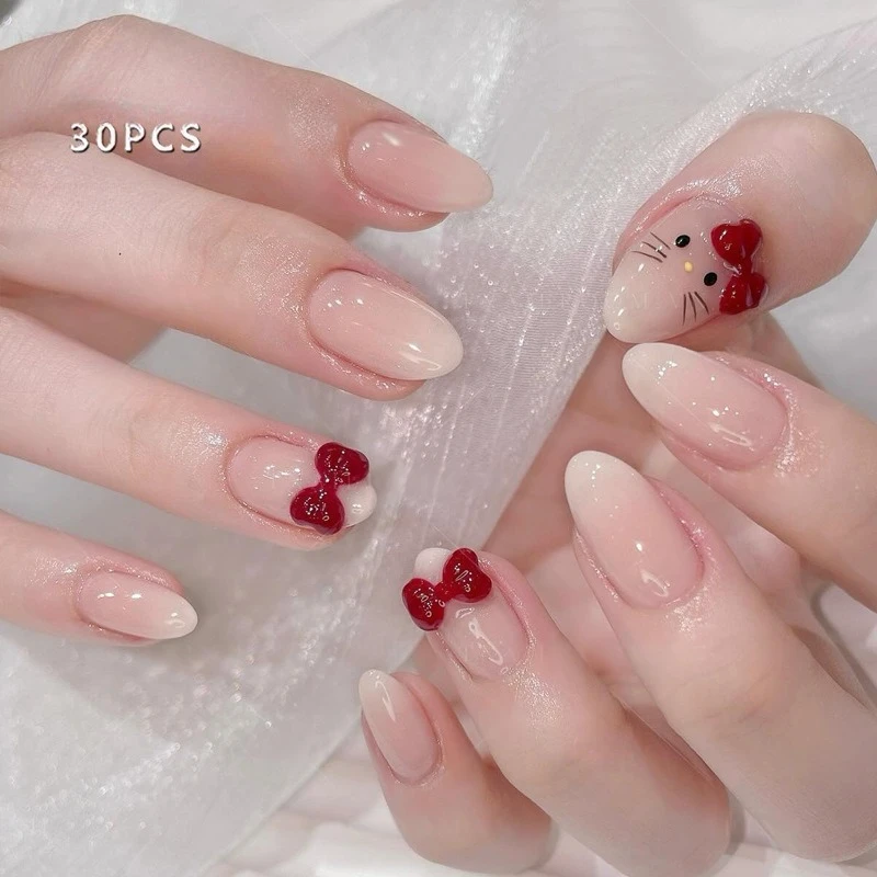 Lindo lazo rojo corto ovalado prensa 30 Uds en la uña con gato de dibujos animados uñas postizas francesas brillantes para niñas herramientas de uñas Ins usables