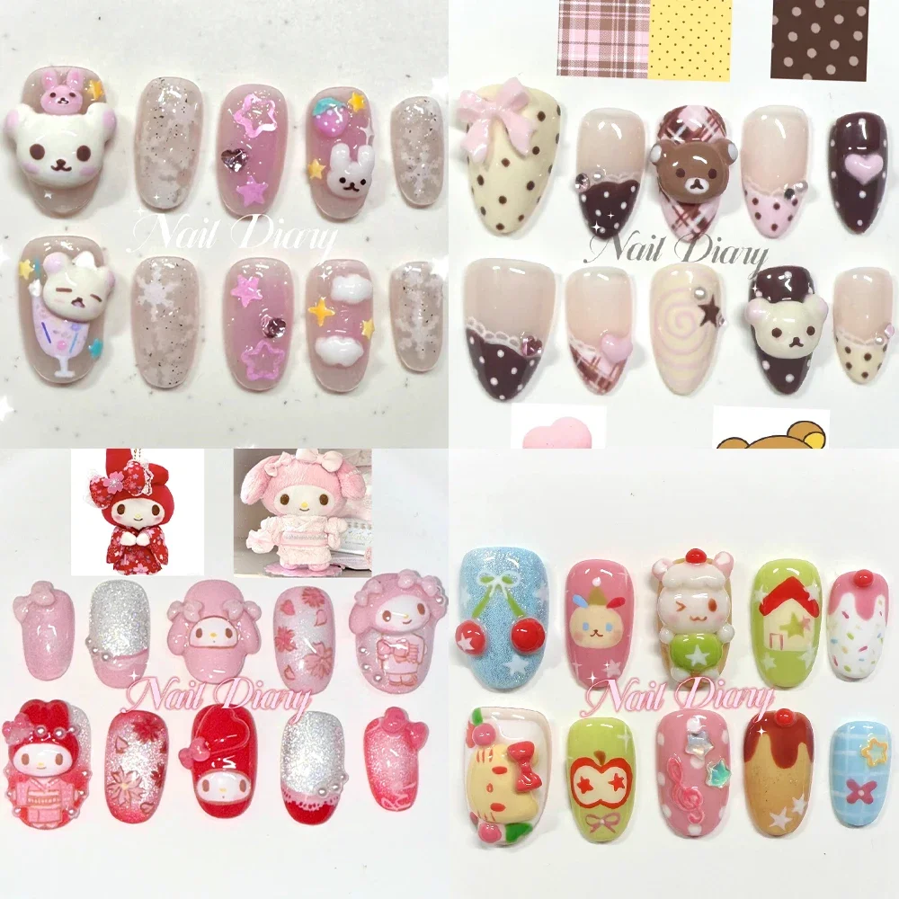 

Y2K Kawaii Cartoon Rilakkuma Mymelody Handmade Fake Nail Bow Star Pearl Dessert Flower Wing Musical Notes Dessert Press On Nails