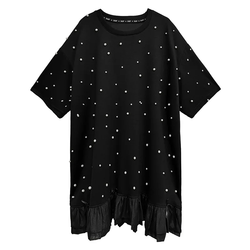 Tannt femmes robe volants Patchwork perles mode t-shirt robes pour femmes décontracté ample noir été t-shirt robes 2025 nouveau