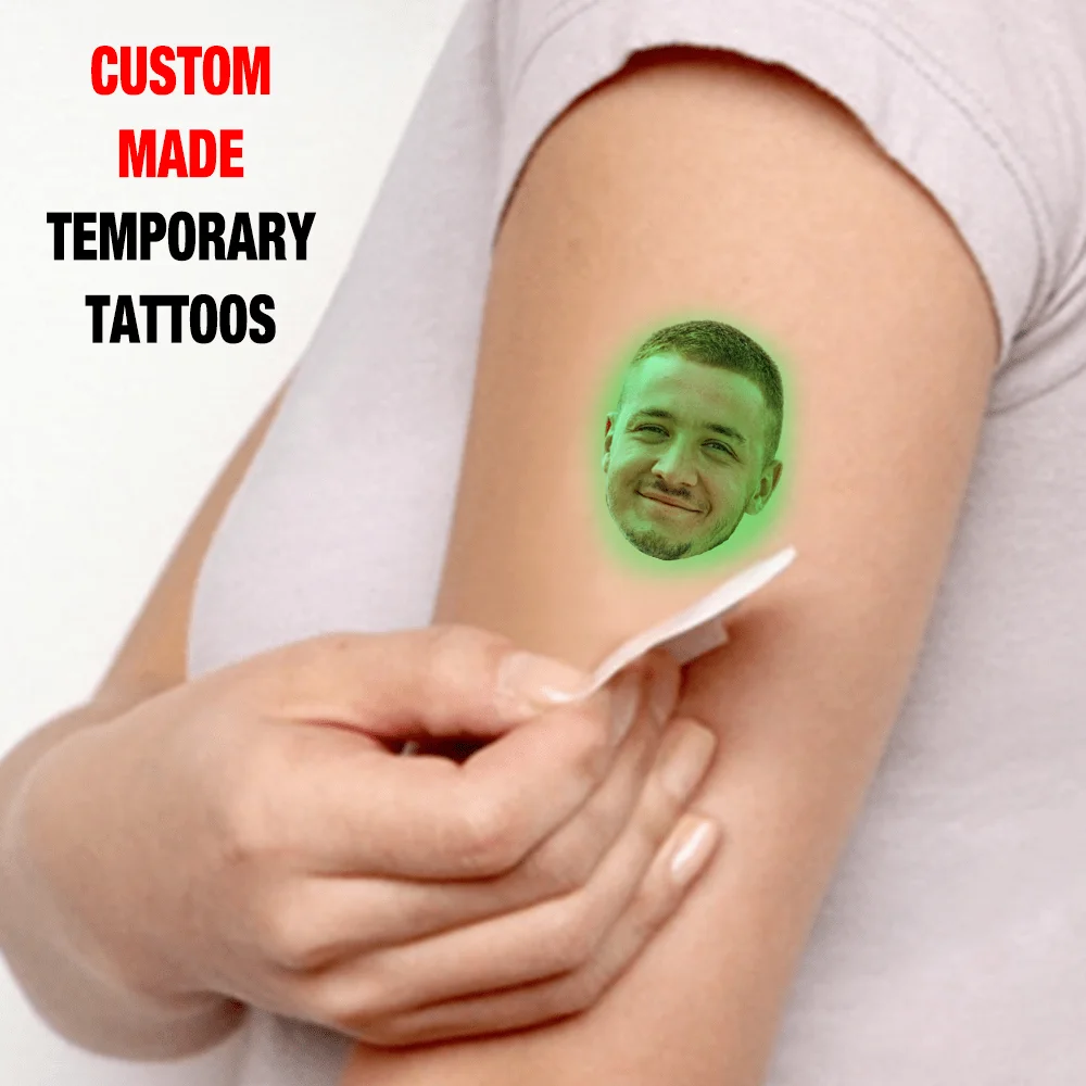 Custom Glow-In-The-Dark Temporary Tattoos Featuring Portrait Photos Personalized Glow-In-The-Dark Tattoo Stickers Featuring