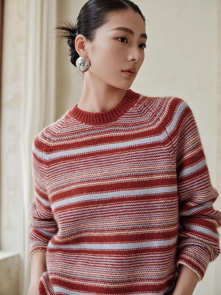 

TLOML Women 100% Cashmere Sweater Color Striped High Quality O-neck sweater Pullover Sweater Thick Autumn Winter Long Sleeve Top