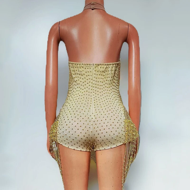 Złoty Kombinezon Halter Piosenkarka Showgirls Strój Występowy Dj Ds Impreza Pokazowy Kostium Klub Nocny Taniec Brokatowy Rave Kostium yk