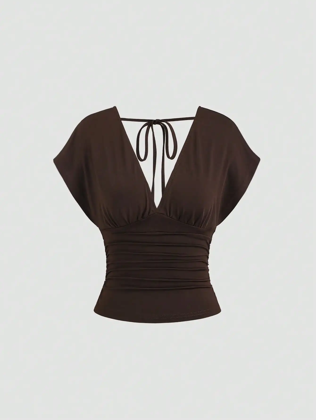 Women's New Fashion Versatile Knit V-Neck T-Shirt, Waist Drawstring, Front & Back V-Neck, Shoulder Sleeve Design