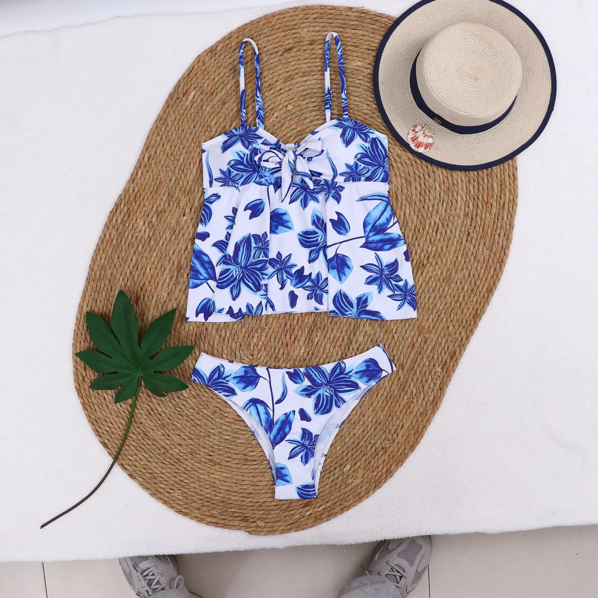 Women's 2 Piece Outfits Swimwear Bikini Set Leaves Print Sexy Sleeveless Backless Crop Tops Bikinis Set Bathing Suits