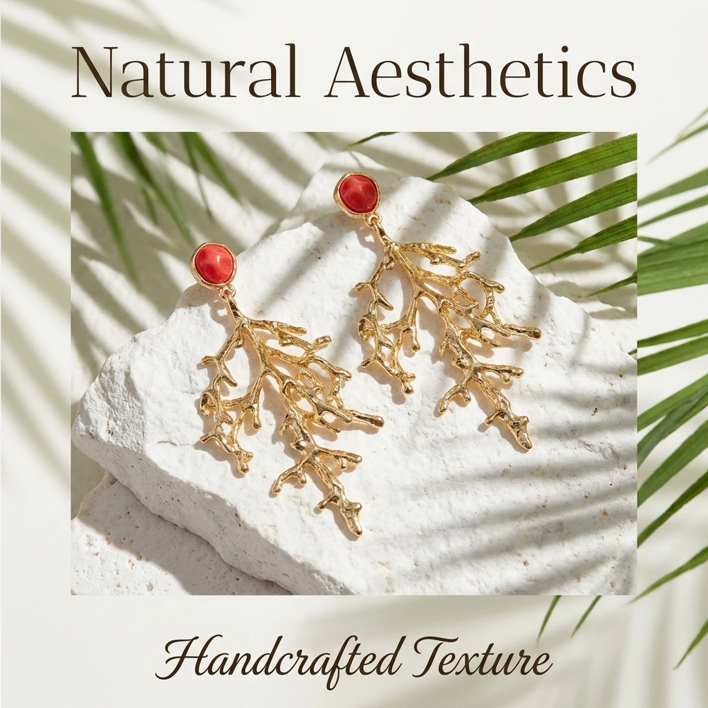 Boho Goldfarbene Korallenzweig-Ohrringe für Frauen Elegante 3D-Strukturierte Rote Akzente Hängeohrringe Sommer Künstlerischer Schmuck Geschenk – Detail 10