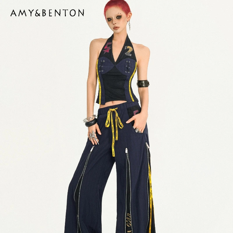 

Original Design Retro Hot Girl Splicing Mesh Women's Vest Punk Autumn New Loose Straight Slimming Zipper Long Pants Set Ladies