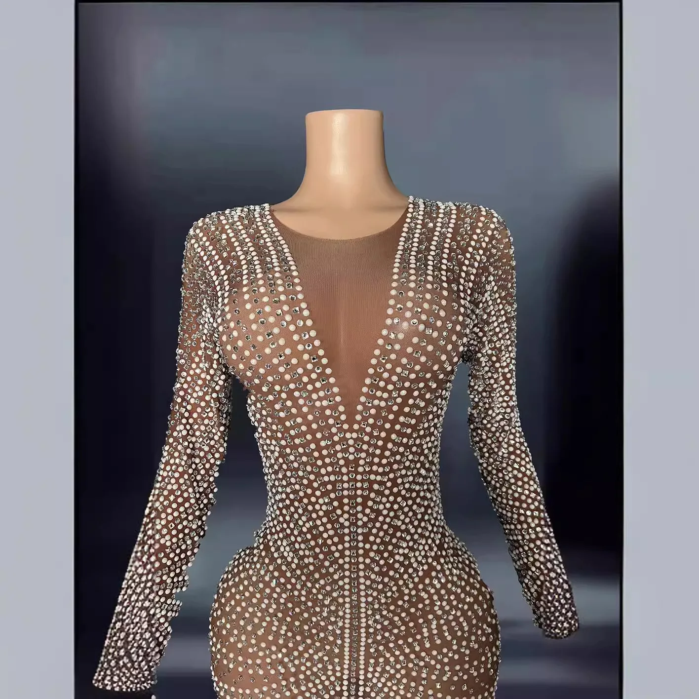 Robe de soirée personnage diamant brillant à manches longues robe longue femme réunion annuelle robe de mode Luxo Elegante Festa Longa