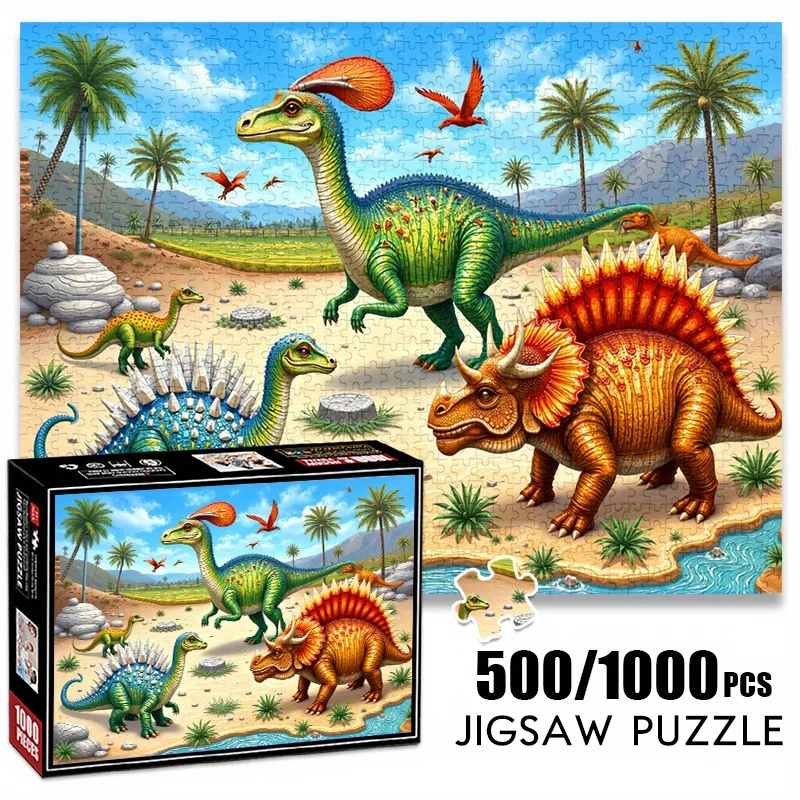 500/1000pcs Paper Jigsaw Puzzle - Cartoon Dinosaur Tropical Jungle Theme, Large Puzzle Toy for Adults, Family Interactive Game