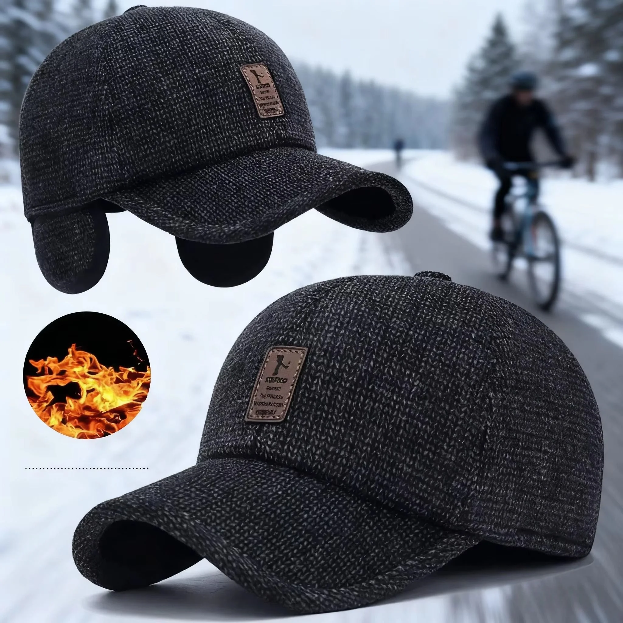 

Winter Baseball Cap Warm Windproof Thickened Wool Knit Ear Protection Hat Men Adjustable Outdoor Sports Running Earflap Cap