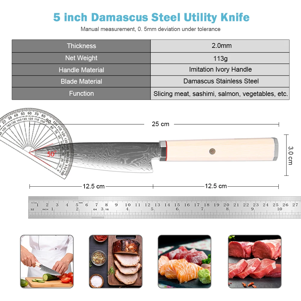 XITUO Premium Japanese 67Layer Forged Damascus Steel 5“ Utility Knife Home Kitchen Fruit Peeler Imitation Ivory Ergonomic Handle