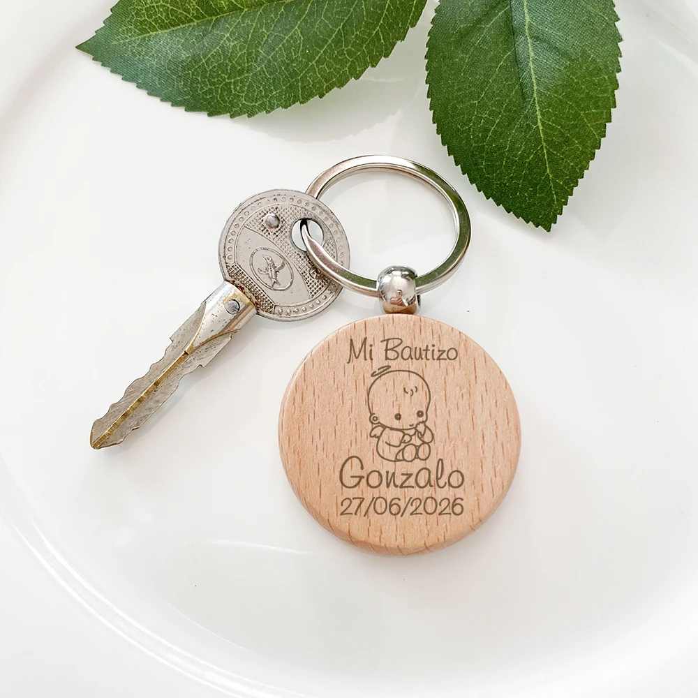 Custom Wooden Keychains Baptism Gifts for Guests Baby Christening Favors First Birthday Souvenirs Personalised Key Rings