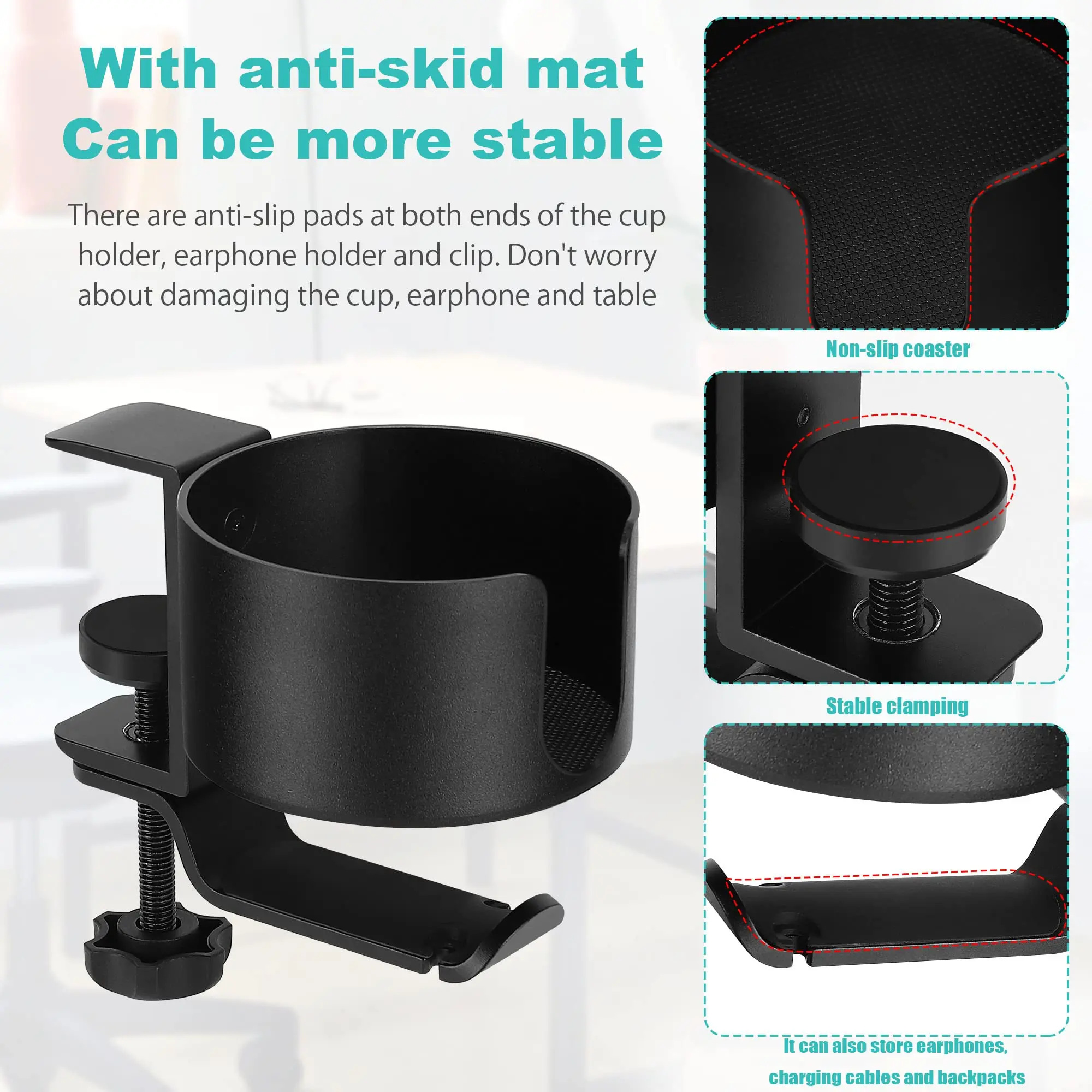 2 In 1 Desk Cup Holder With Headphone Hanger, Anti-Spill 360° Rotation Aluminum Alloy Hook 10kg Bearing For Mugs Bags Headset