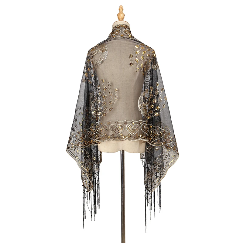 Luxury Sequined Peacock Tassels Scarf Shawls Women Long Cape Thin Summer Sunscreen Uv Protection Wraps Party Style Stoles