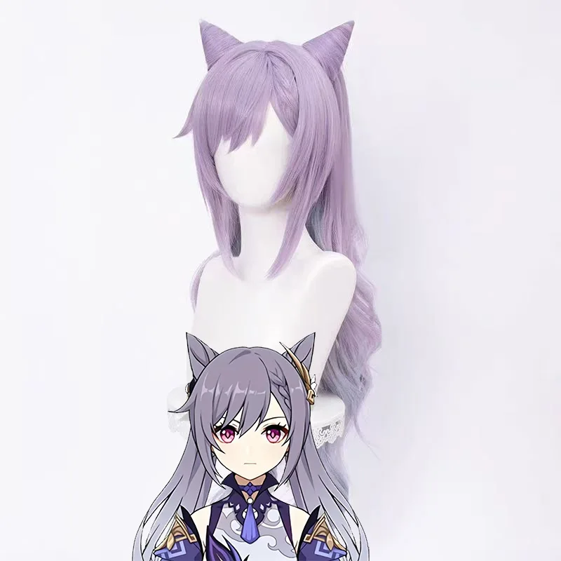 게임 Genshin Impact Keqing 코스프레 가발 포니 테일 혼합 보라색 코스프레 가발 할로윈 파티 소품 합성 머리 가발
